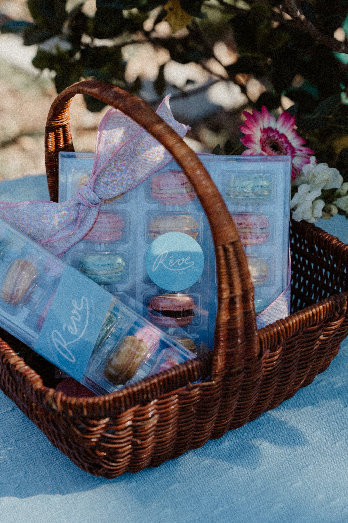 Box of Easter macarons in a basket outdoor