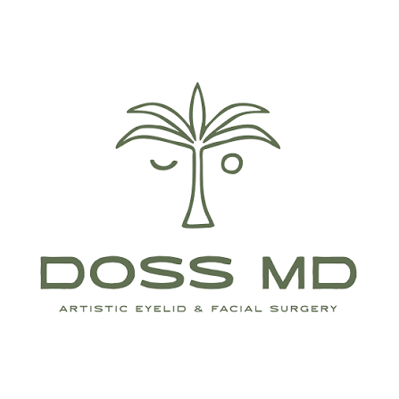 A minimalist logo for DOSS MD, featuring a stylized olive green palm tree with closed eyes above the text 'DOSS MD' and 'ARTISTIC EYELID & FACIAL SURGERY' on a plain white background.