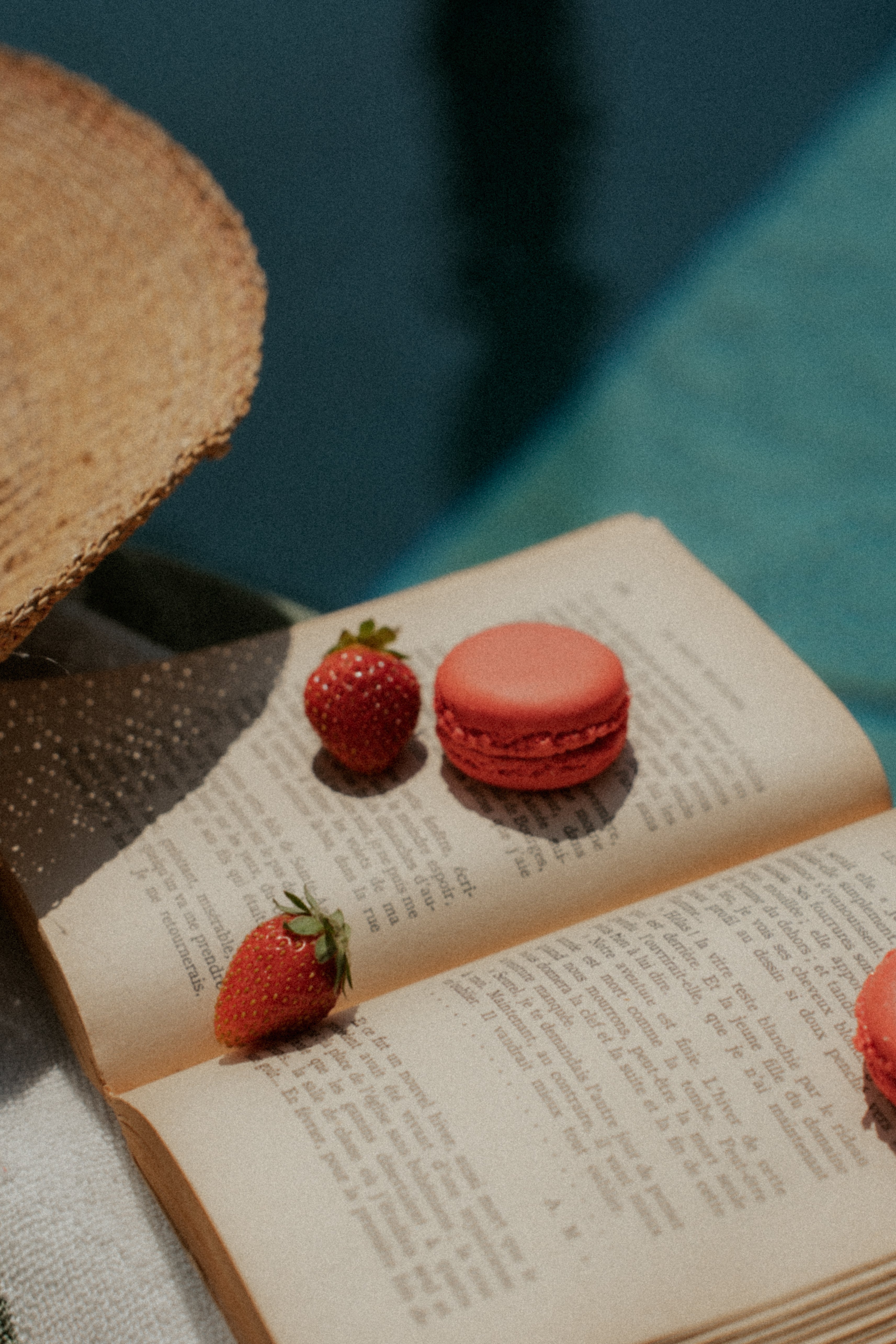 Open book with macarons and strawberries on a textured surface